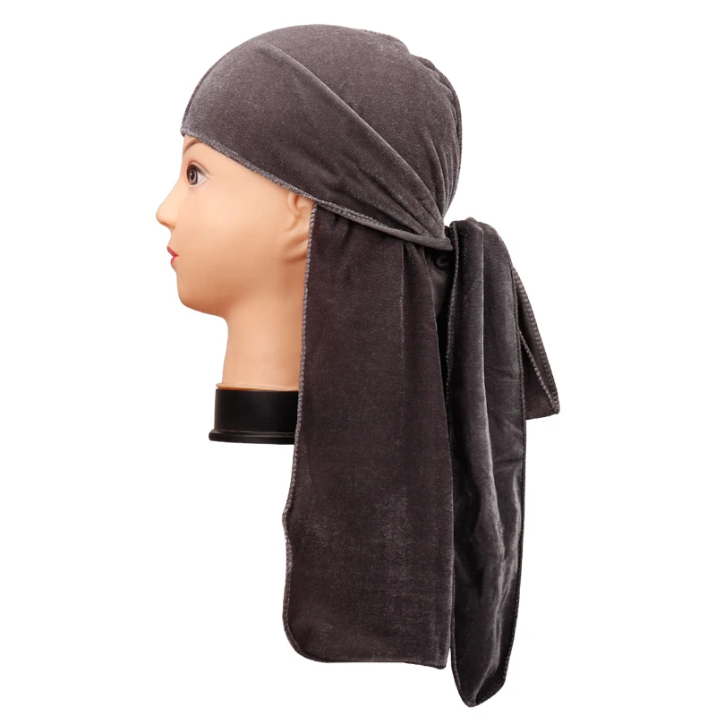 grey Velvet Hats For Women Do Doo Du Rag Long Tail Turban Headwrap Cap Biker Pirate Bandana Head Cover Outside Fashion Men Hats - Цвет: grey
