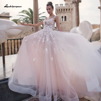 

Lakshmigown Foral Lace Bridal Dress A Line Wedding Dress Beach 2020 Robe de Soiree Sheer Back Sexy Boho Tulle Long Wedding Gowns