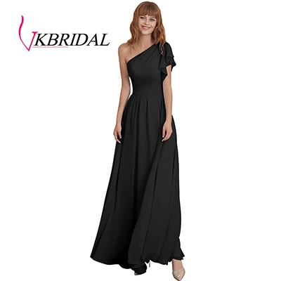 Black VKbridal ТРАПЕЦИЕВИДНОЕ ПЛАТЬЕ больших размеров для свадебной вечеринки, выпускного бала для Juniros реальное изображение одно плечо шифоновое платье для подружки невесты длинное - Цвет: Black