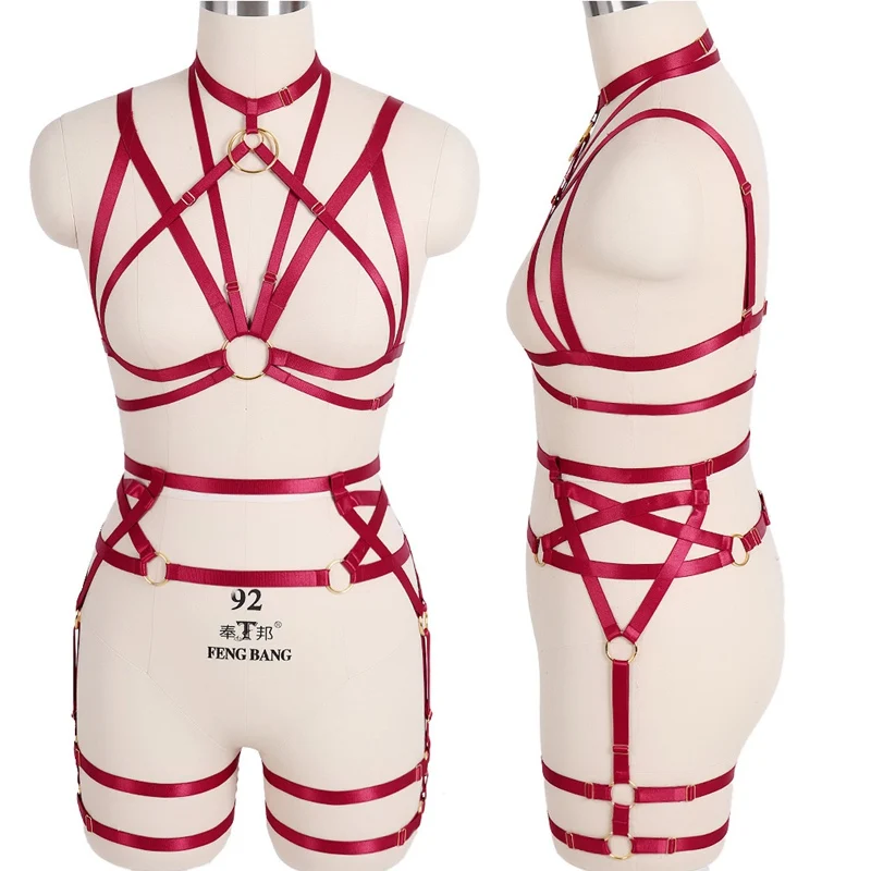 Full Body Harness Bra Red Tops Elastic Strap Pentagram Garter Belt Suspender Carnivals Dance Punk Gothic Lingerie Plus Size