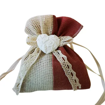 

New Brick Red Canvas Drawstring Gift Bags Candy Packing Bags Net Cotton Oxford Cloth Splice for Wedding Favors Party Supplies