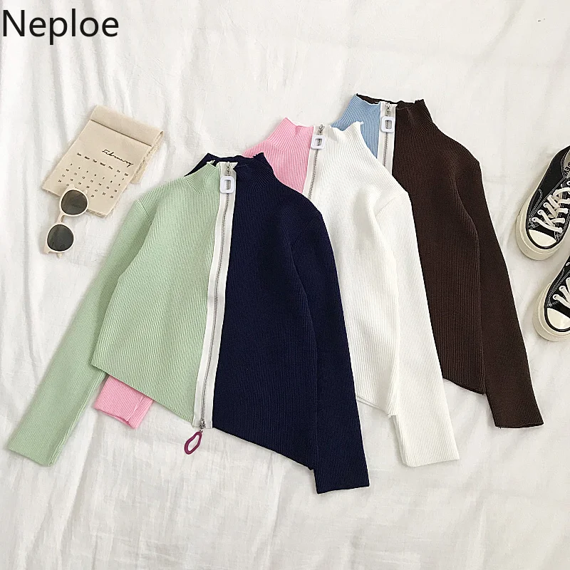 Neploe Irregular Sweater Women Contrast Color Zipper Cardigan Korean Fashion Half Turtleneck Long Sleeve Slim Knit Tops 80611 |