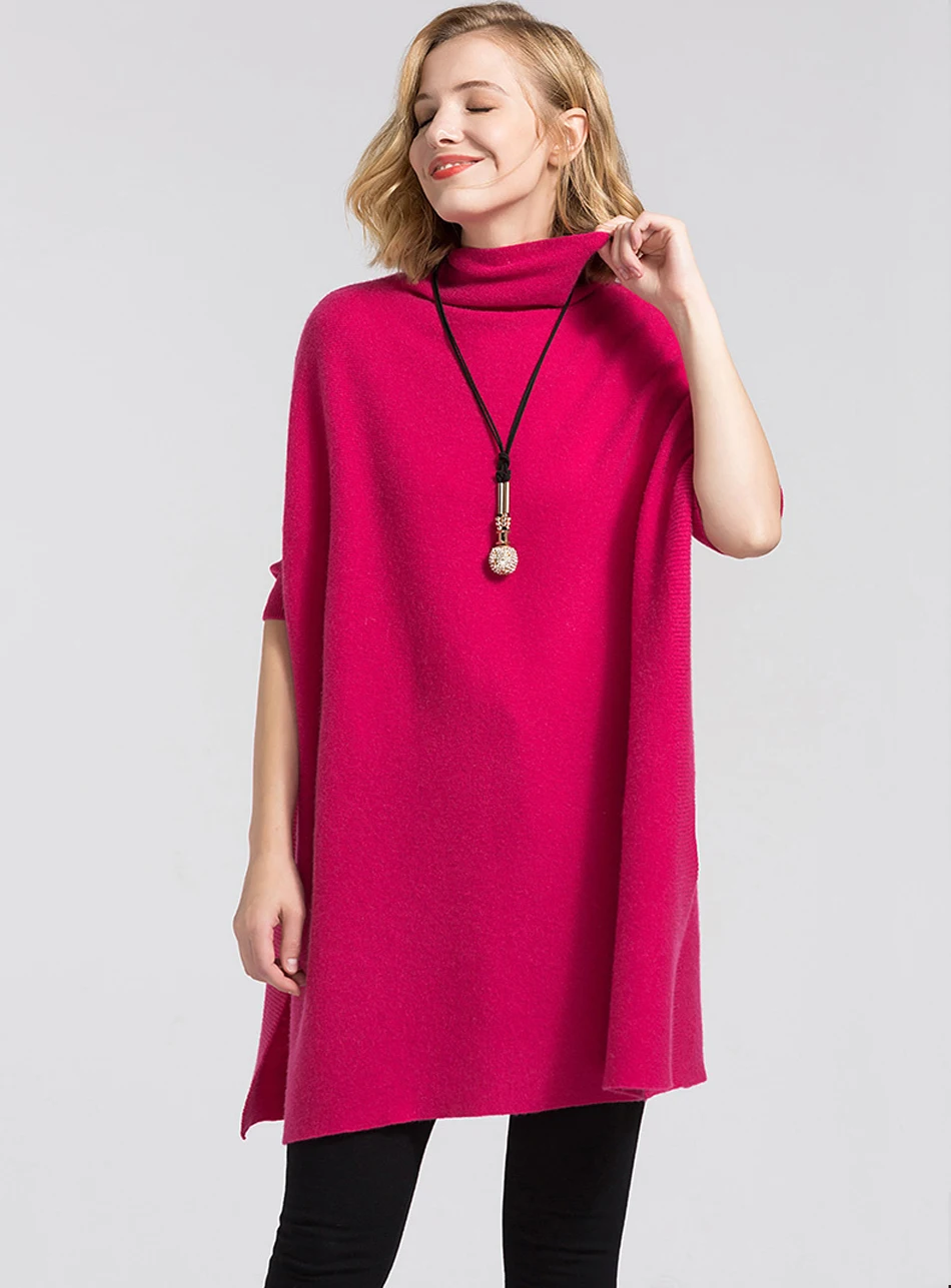 YJMY Inner Mongolian Cashmere Poncho Women Pullover Turtleneck Ribbed Side Slit Spring Autumn Knit in Slava Store