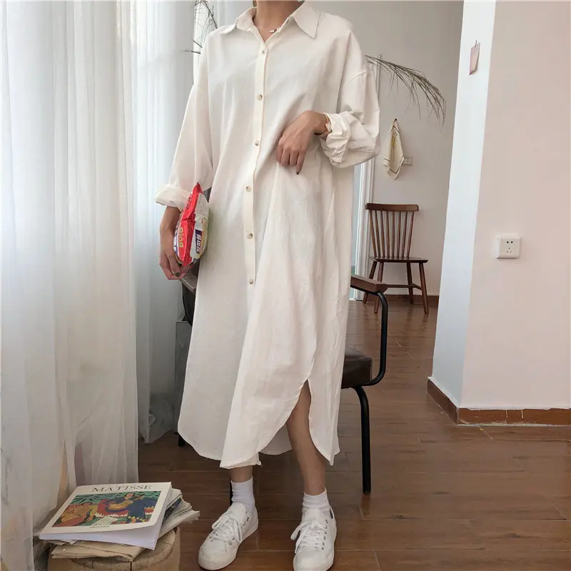 

HziriP Early Autumn Split Solid Fresh Stylish Feminine Loose Sweet Women All Match Casual Simple Straight Long Shirt Dresses