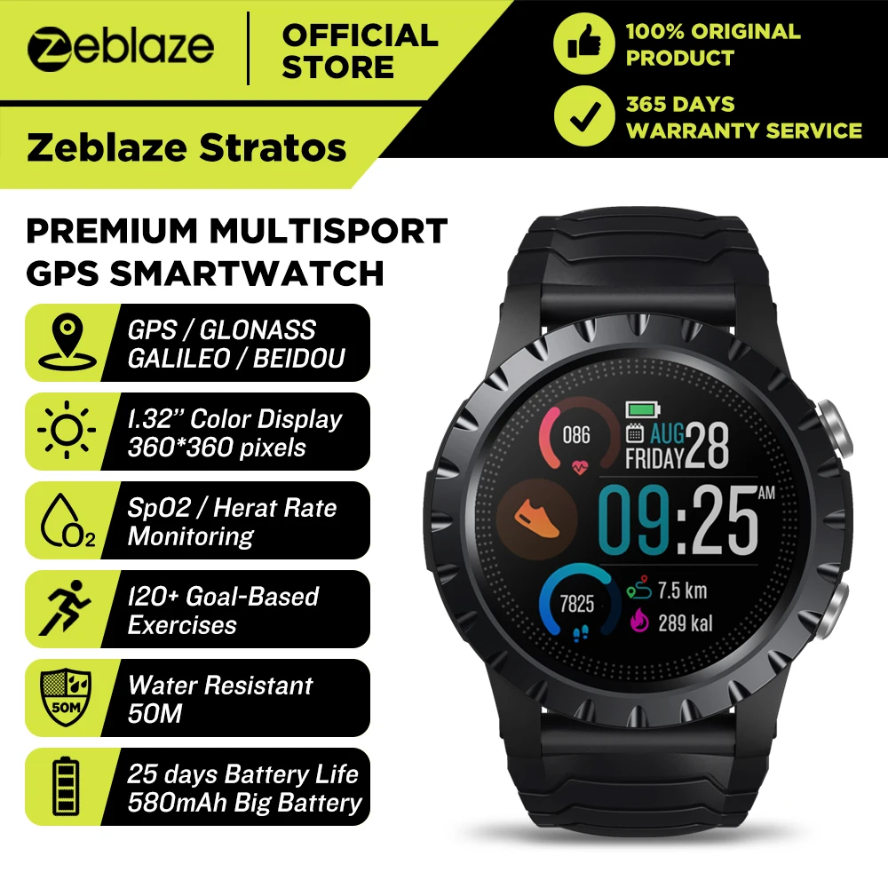 New 2021 Zeblaze Stratos GPS Watch Built-in 4-Satellite/3-Modes GPS Heart/SpO2/VO2max/Stress 25days Battery Life GPS Smartwatch