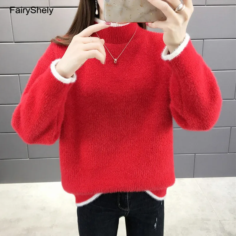 FairyShely, повседневный кашемировый свитер для женщин, зимний теплый джемпер, Свободный вязаный свитер с высоким воротом, пуловер, Топ для женщин