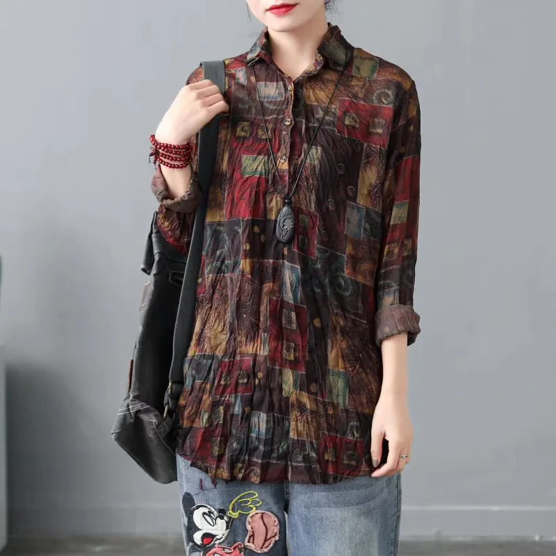 Весенние ретро рубашки женские с принтом свободные отложные воротники полный