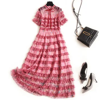 

Fashion Runway Dress Women 2020 New Summer Style High Quality Short Sleeve Print Ruffles Layered Mesh Lace Dress Sexy Party