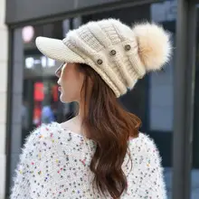 Женская однотонная вязаная шапка с пуговицами и помпоном, зимняя теплая вязаная шапка, подарок