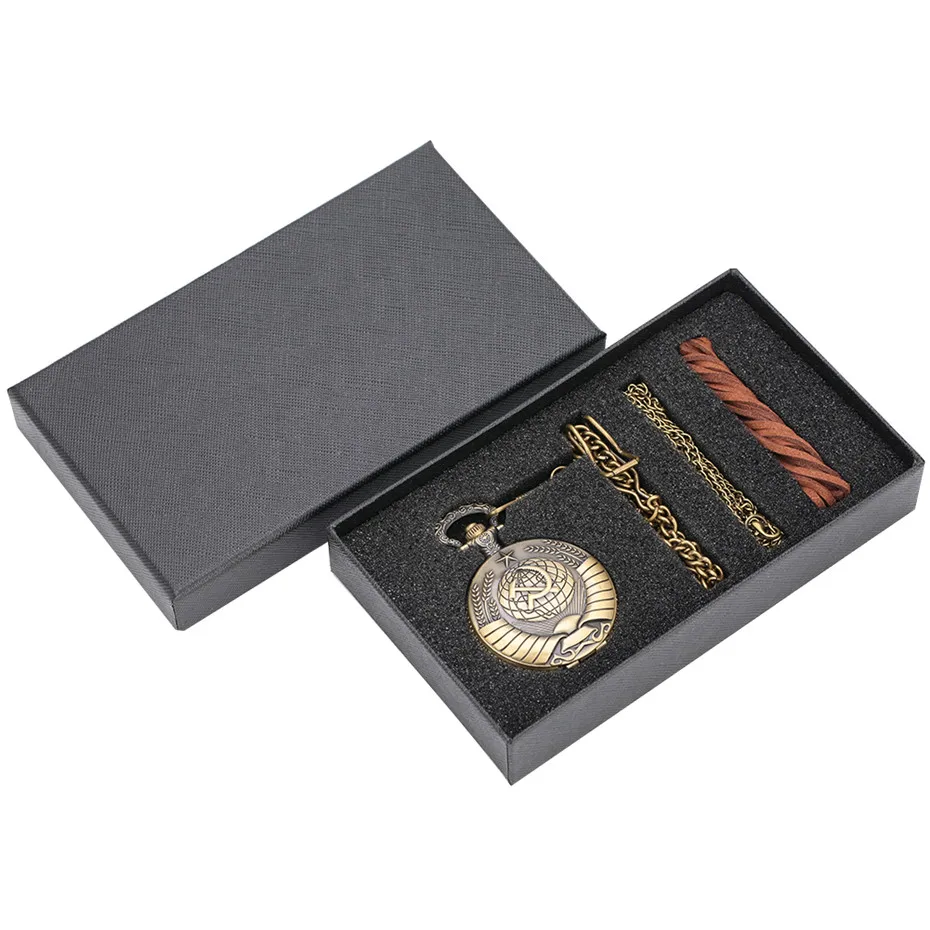 

Bronze Pocket Watch Box Set Communist Hammer Sickle Full Hunter Pendant Quartz Pocket Clock Necklace Chains for Men Women