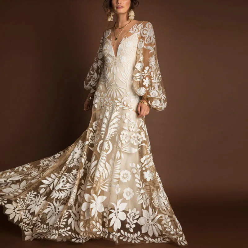 Женское Прозрачное цветочное элегантное кружевное длинное платье с v-образным вырезом, сексуальное Макси осеннее зимнее вечернее платье Vestidos