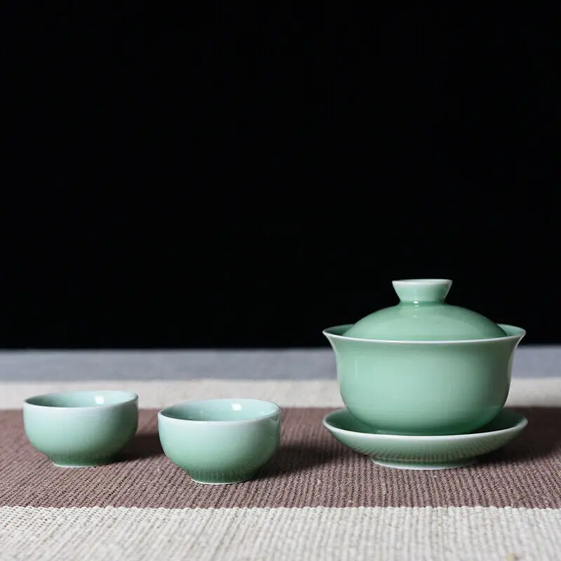 

China Longquan Celadon Gaiwan Tea Set Kung Fu GE DI Kiln Cover Bowl SanCai 200ml