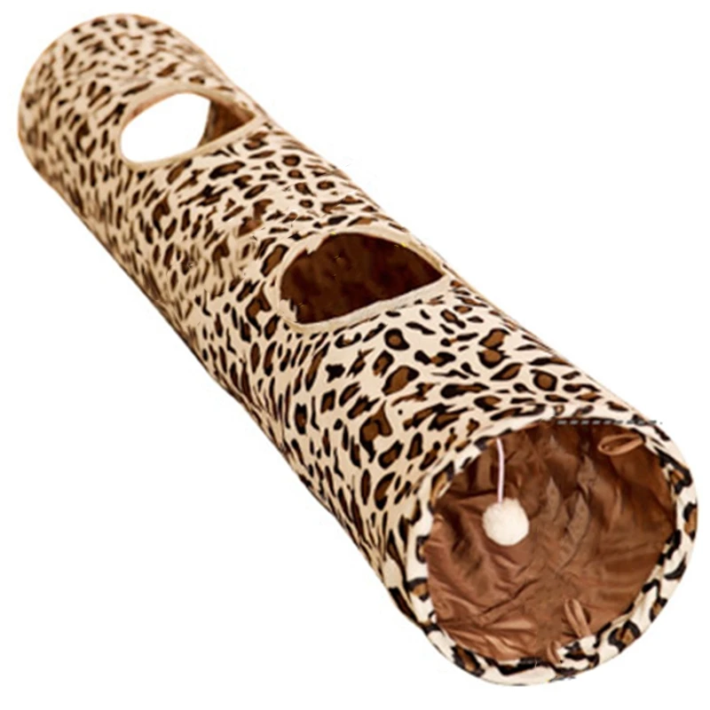 

Leopard Print Cat Tunnel Peek Hole Short Plush Portable Collapsible Soft Kitten Toys with Dangling Fuzzy Ball Durable