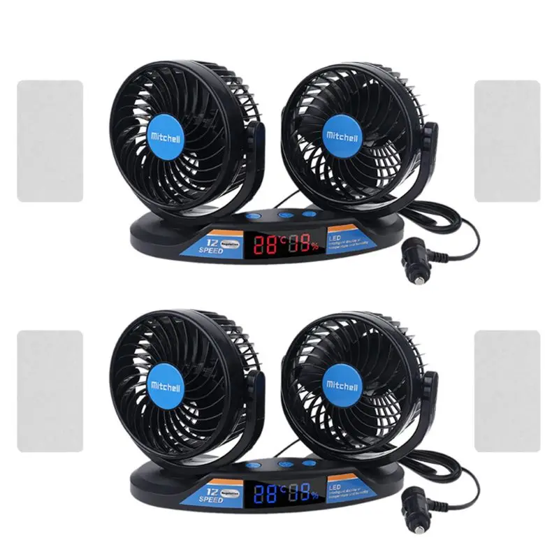 

Dual Head 12V Car Fan 12 Speeds 360 Rotatable with Temperature Humidity Display
