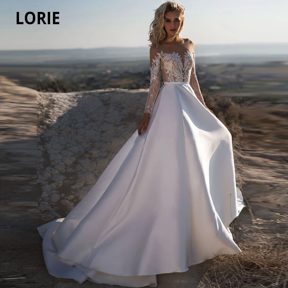 LORIE атласные свадебные платья с длинным рукавом кружевные глубоким вырезом