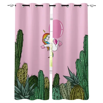 

Cactus Tropical Plants Unicorns Window Curtains Living Room Kitchen Curtains for Bedroom Left and Right Biparting Open Curtains