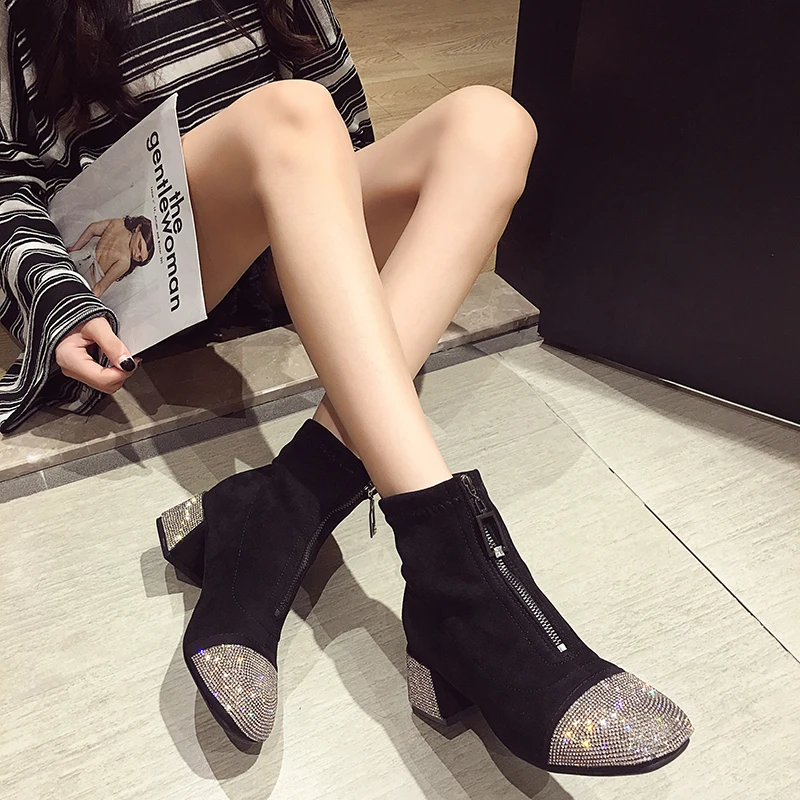 

Winter boots women 2019 autumn version of the Korean version of the wild boots rhinestone thick heel shoes fashion socks boots