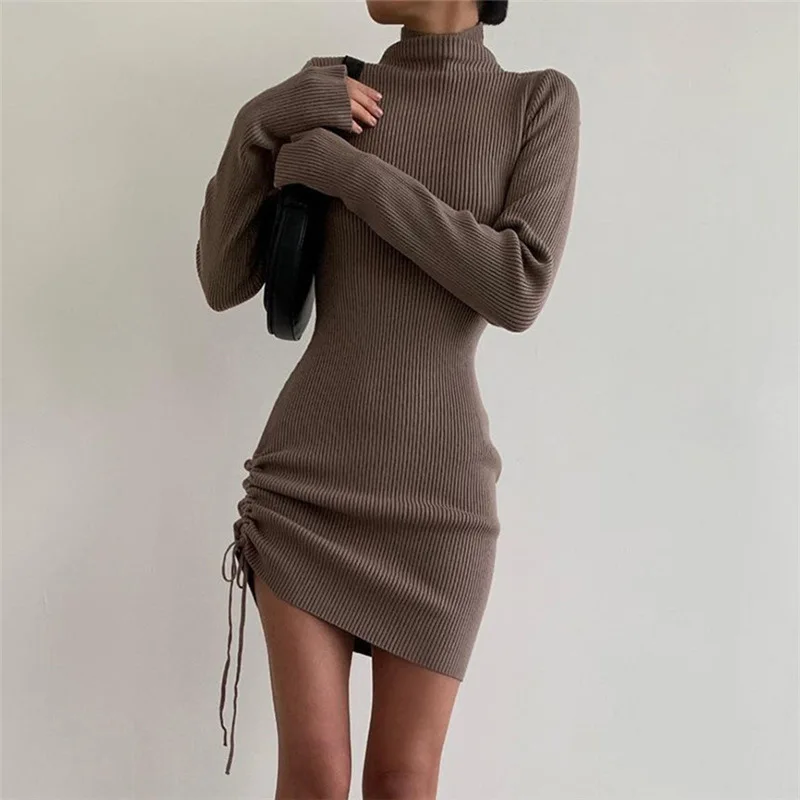 Long Sleeve Knitted Mini Dresses for Women High Neck Casual Drawstring Party Bodycon Dress 2021 Autumn Winter White Brown Black maxi dresses