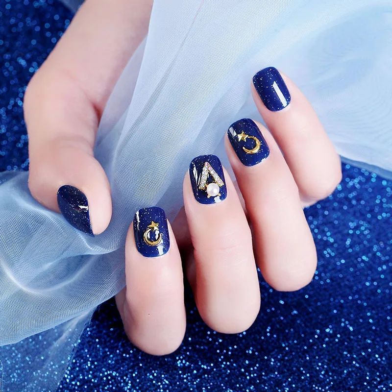 24 шт Модные накладные ногти с клеем для девочек синего цвета DIY Nail Art Tips 3D Moon Star style Design наращивание ногтей Короткие