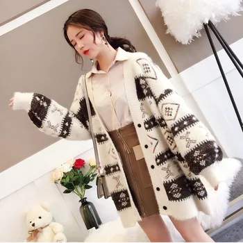 

TVVOVVIN 2019 Autumn Mohair Single-breasted Long Loose Sweater Coat Women's Cardigan Korean Early Spring Sweater B571