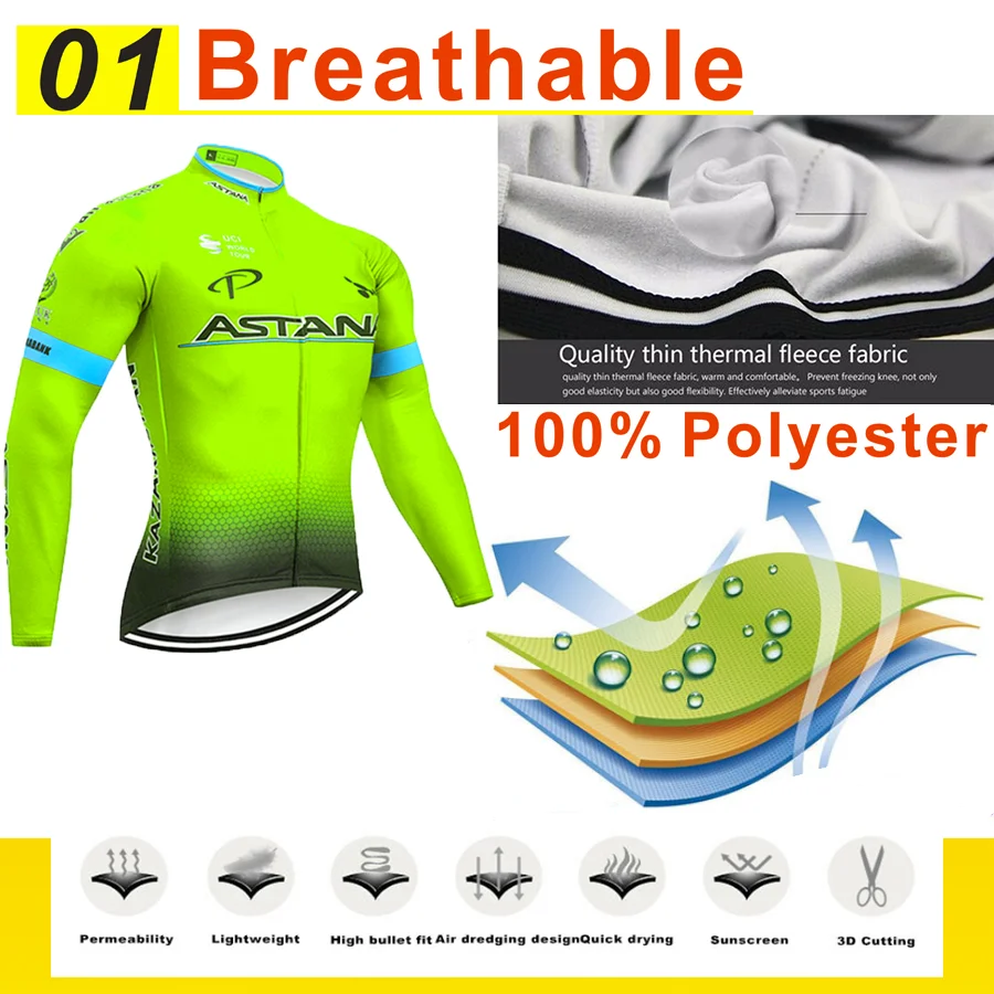 Ceny Fluorescencyjny zielony ASTANA Ropa Ciclismo Invierno zimowa koszulka rowerowa termiczna polarowa odzież rowerowa z długim rękawem zestaw odzież rowerowa