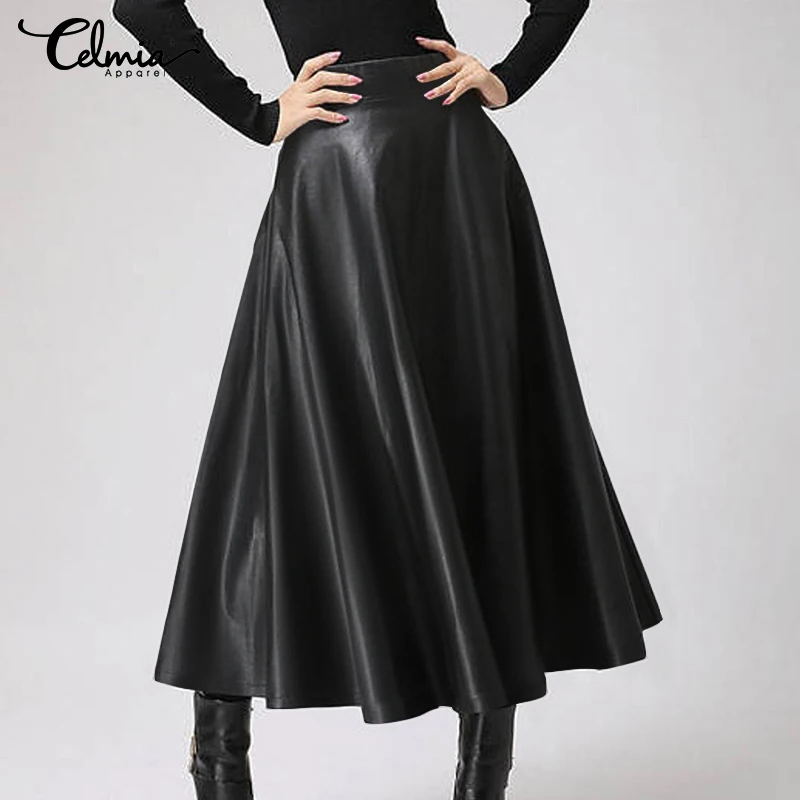 

Women 2020 Celmia PU Leather Skirts Elegant Office High Waist Midi Skirts Autumn Fashion Plus Size OL Streatwear Solid Skirts