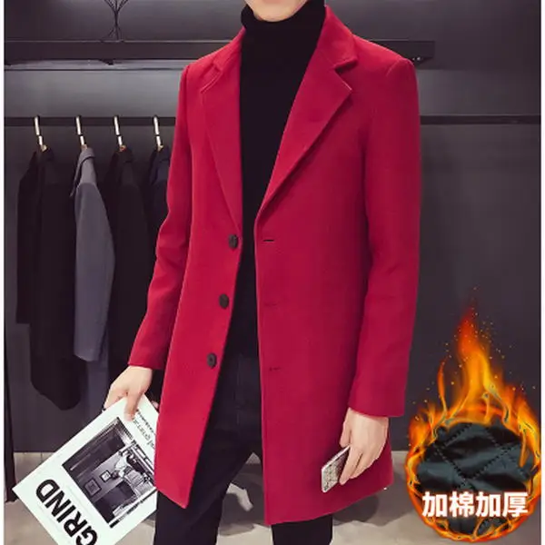 Wine red-thick Abrigos gruesos de lana de цвет sólido negro rojo 5XL medio-largo gabardina ajustado abrigo Masculino moda ropa de abrigo - Цвет: Wine red-thick