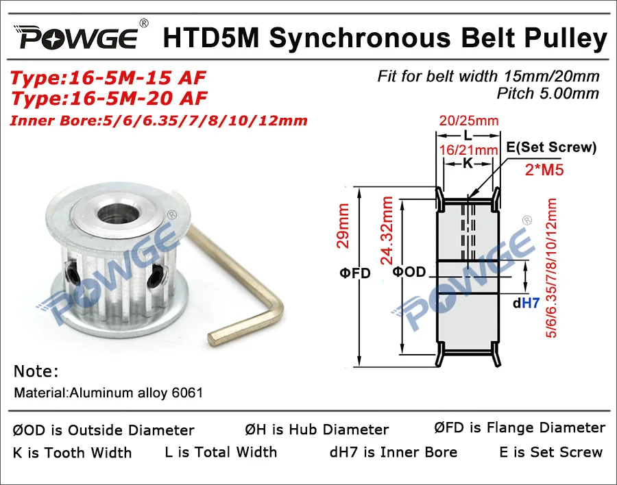 POWGE дуги 16 зубов HTD 5 м Синхронный шкив Диаметр 5/6/6,35/7/8/10/12 мм для Ширина 15/20 мм HTD5M сроки Ремни колеса 16 зубчатые 16 T