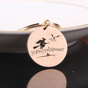 

FLYANGEL Engraved Happy Halloween Keychain Witch Bats Horrific Keyring With Family And Friend Celebration Key Tag Gifts