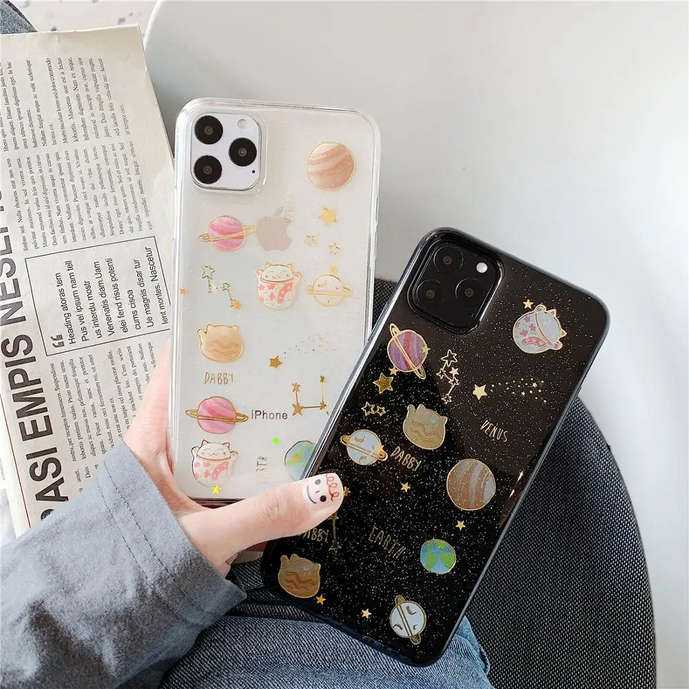 Glitter Galaxy Space Earth Lucky Cat Phone Case for iphone 11 Pro XS MAX XR X 10 7 8 6s 6 Plus Transparent Soft Back Cover Coque | Мобильные
