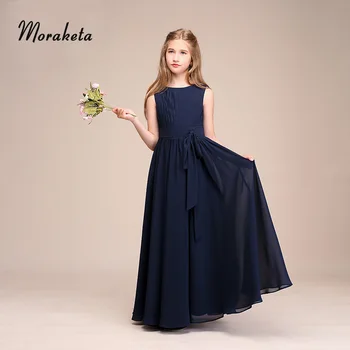 

A-Line Princess Scoop Neck Floor-Length Navy Blue Chiffon Junior Bridesmaid Dress With Ruched Long Girl's Dresses For Wedding