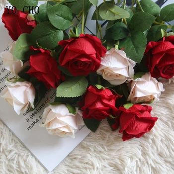 YO CHO Artificial Flower Silk Rose Flannelette Single Branch Rose Fake Flower Burgundy DIY Home Party Decor Wedding Supplies