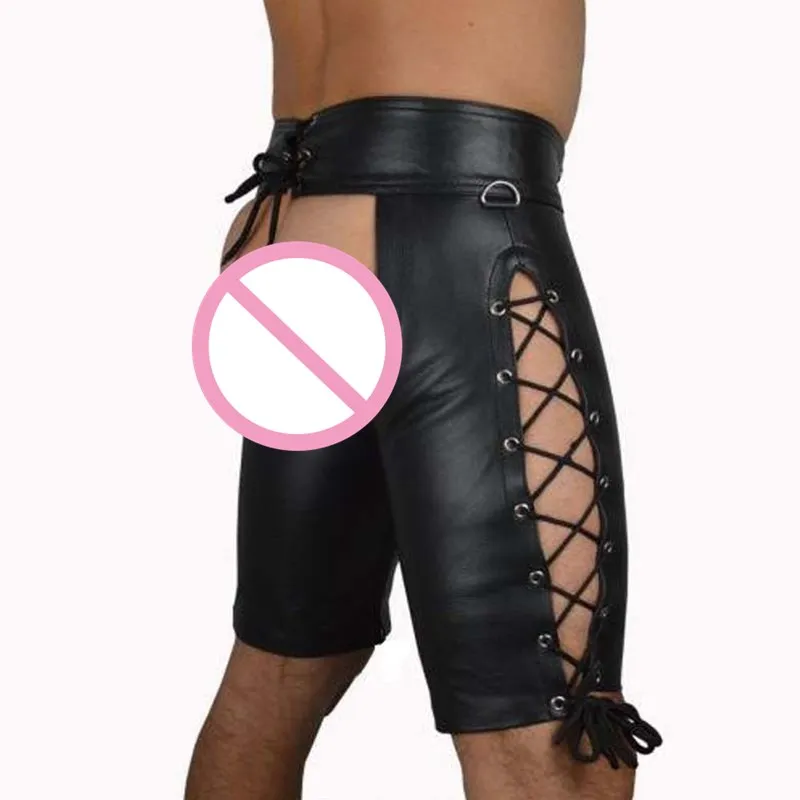 Wetlook Latex Gay Crotchless Sissy Pants Faux Leather Fetish Men Open Crotch Pole Dance Pants Porn Hollow Gay for BDSM Sex