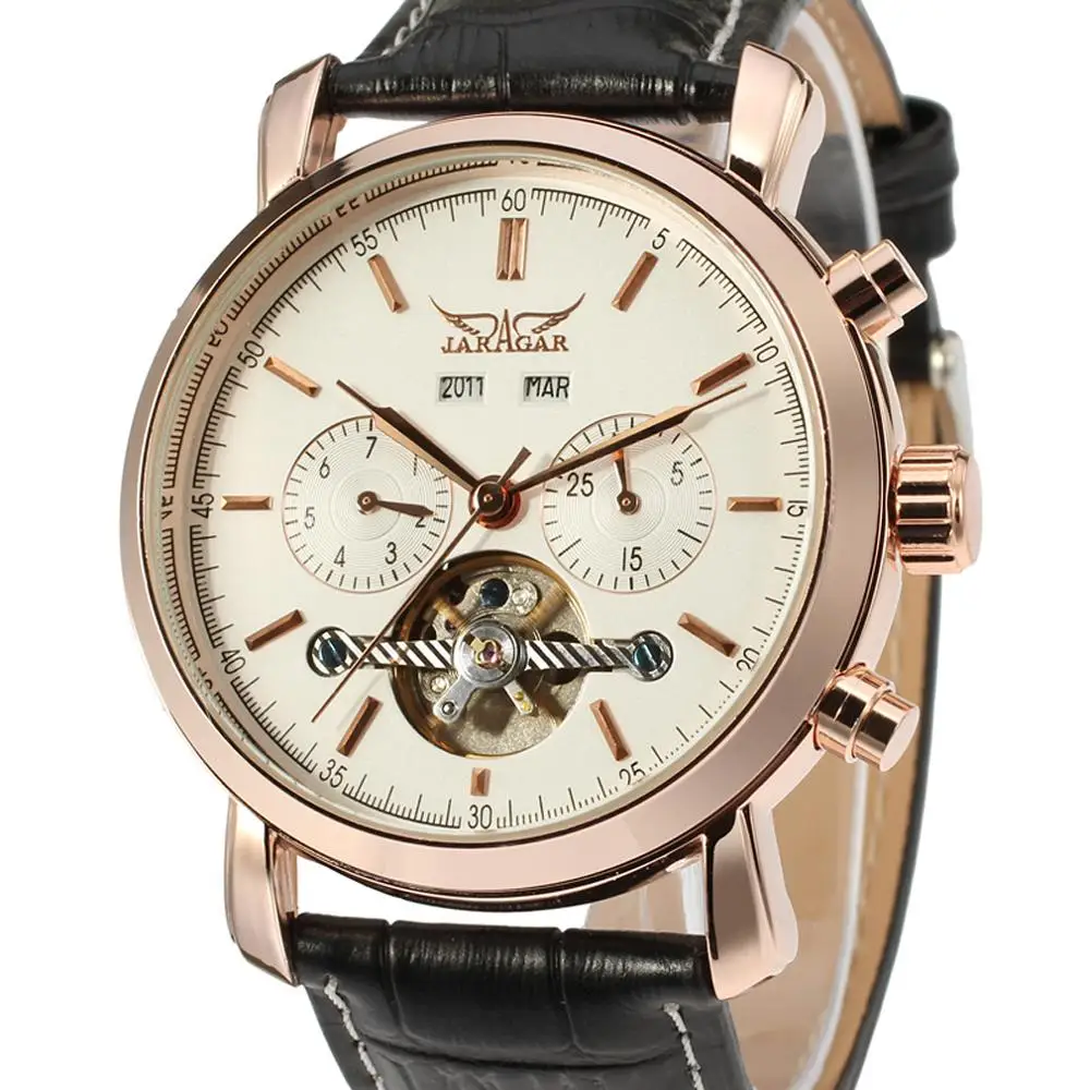 JARAGAR Черный Полный календарь Tourbillion Дисплей Кожа модные повседневные мужские механические Автоматические часы лучший бренд роскошные часы - Цвет: 5