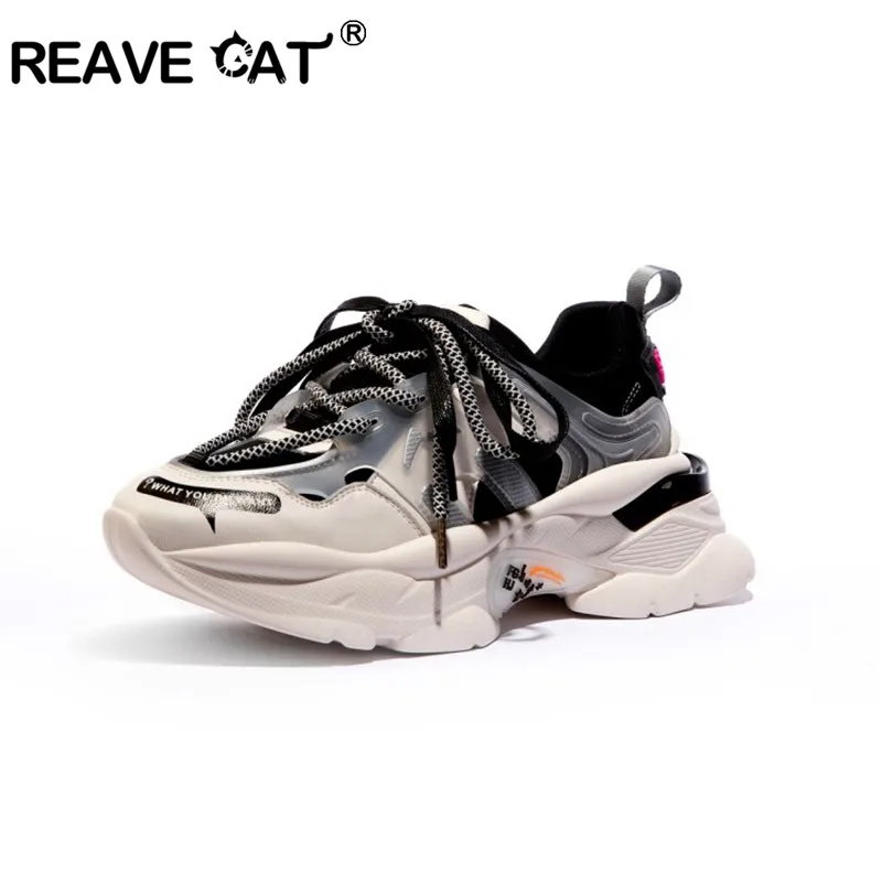 REAVE CAT/леопардовые кроссовки из натуральной кожи; женская обувь для папы на толстой подошве; женская обувь на платформе; шнурки; zapatillas mujer