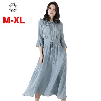 

Dress women's solid color waist summer new mulberry silk edium length silk silk dress M to XL