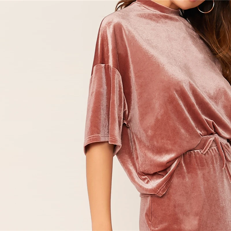Dotfashion розовый бархатный топ с заниженным плечом и юбка на шнурке, Женский комплект 2 шт., футболка с коротким рукавом, набор женских юбок с разрезом сзади