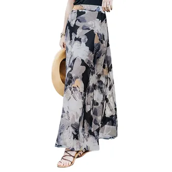 

2 Piece set Summer Women's Cotton Short Sleeve O Neck T-Shirt +Side Split Printed Chiffon Skirt Sets Fashion Suits 2019