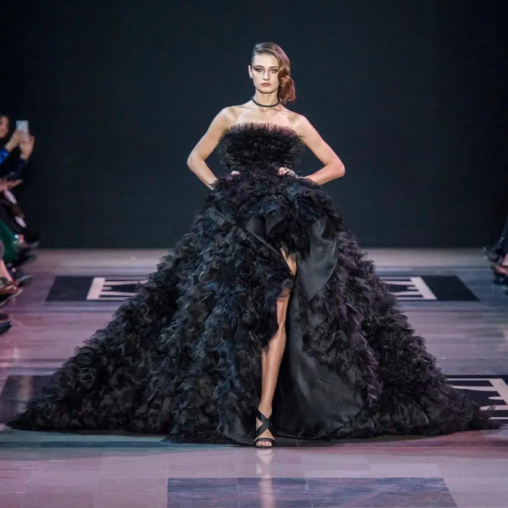 

High End Black Puffy Ruffles Tiered High Low Tutu Prom Gowns Off The Shoulder Sexy Long Formal Party Dresses Tulle Women Dress