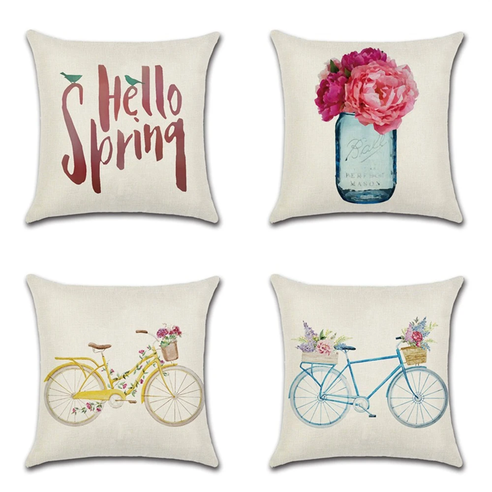 

2020 New 45*45cm Spring theme Cushion Cover Flower Grass Bottle Bicycle Printed Pillowcase Home Sofa Car Decoration funda cojin