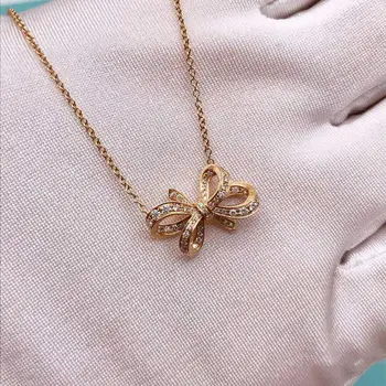 

Zircon Bow-knot Pendant Necklaces S925 Sterling silver 1:1 Brand Jewelry for Women Girl Ladies Valentine Gift Free Shipping