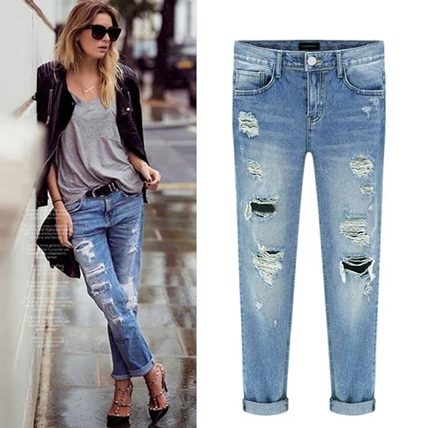 

Women Denim Ripped Destroyed Slouchy Jeans Boyfriend Distressed Beggar Pants S-XXXL