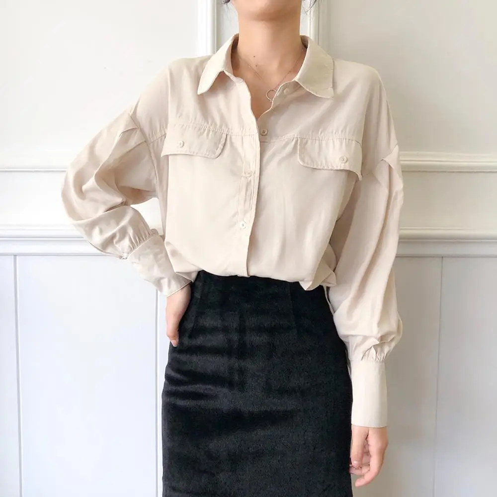 

Women Blouses 2019 Fashion Long Sleeve Cotton Office Shirt Fake Pockets Blouse Shirt Casual Tops Plus Size Blusas Femininas