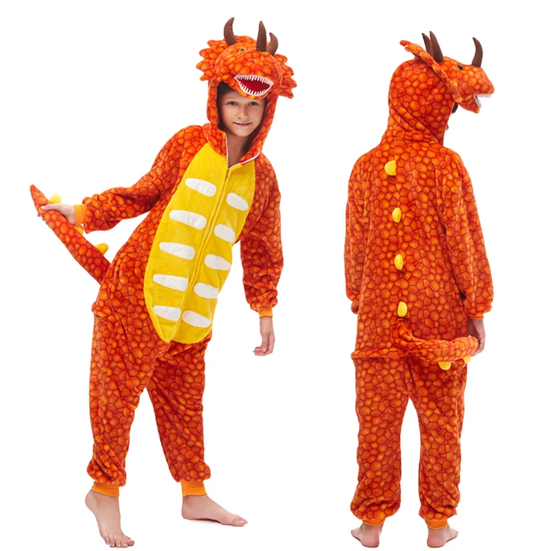 Kigurumi/Детские пижамы с динозаврами для мальчиков и девочек; пижамы с единорогом; детский пижамный комплект; одежда для сна с животными; зимние комбинезоны - Цвет: 3D Dinosau-Orange