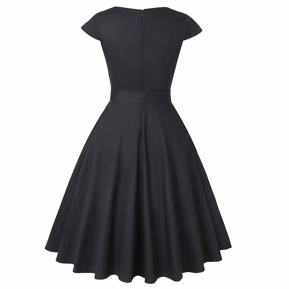 Navy Blue Black Audrey Hepburn Dress V Neck Cotton Short Sleeve 50s 60s 1950s Retro Vintage Big Swing Pinup Rockabilly Dresses