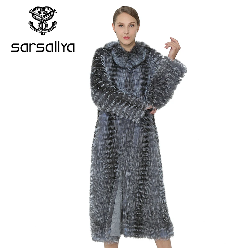 SARSALLYA длинные натурального меха лисы зимнее пальто Настоящее Silver Fox жилет женская