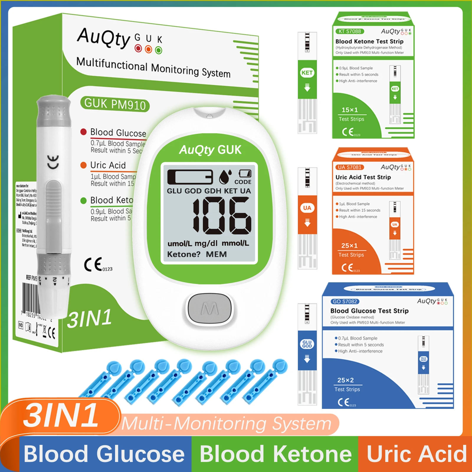 AuQty Blood Glucose Blood Ketone Uric Acid Monitor With Test Strip 1
