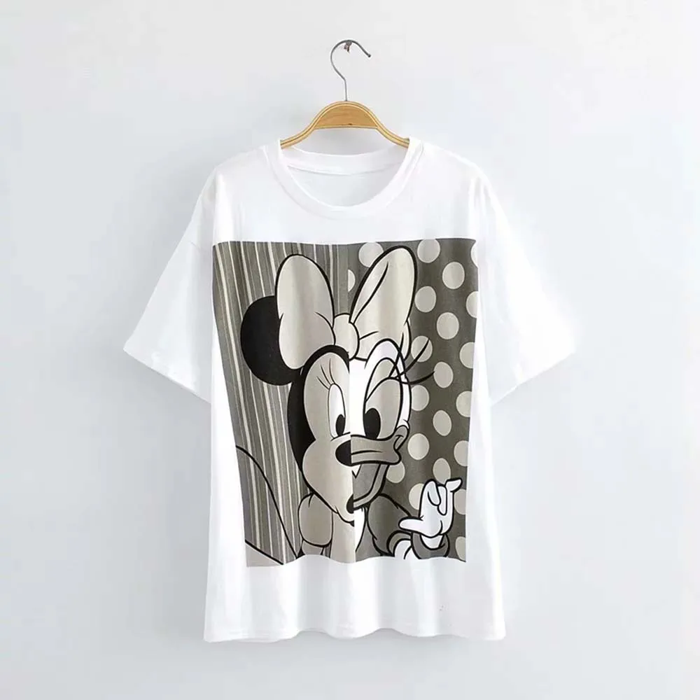 white Летняя модная футболка Женская harajuku Корейская одежда уличная мультяшная девочка принт хлопок с круглым вырезом Футболка Топы Большие размеры - Цвет: white