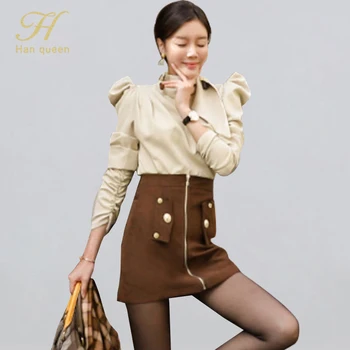 

H Han Queen Women Autumn Winter Elegant Ribbons Puff Sleeve Solid Color Top & High Waist Sheath Bodycon Mini Skirts 2 Pieces Set