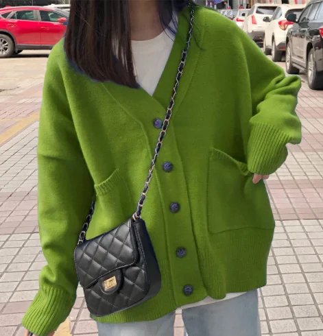 Harajuku sueter mujer осень Осень Зима Винтаж корейский v-образным вырезом женский топ длинный рукав негабаритный вязаный кардиган свитер - Цвет: 4